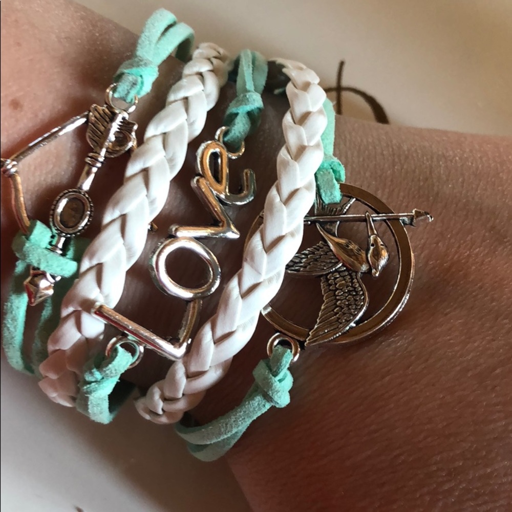 Mint and White Leather adjustable Rope bracelet